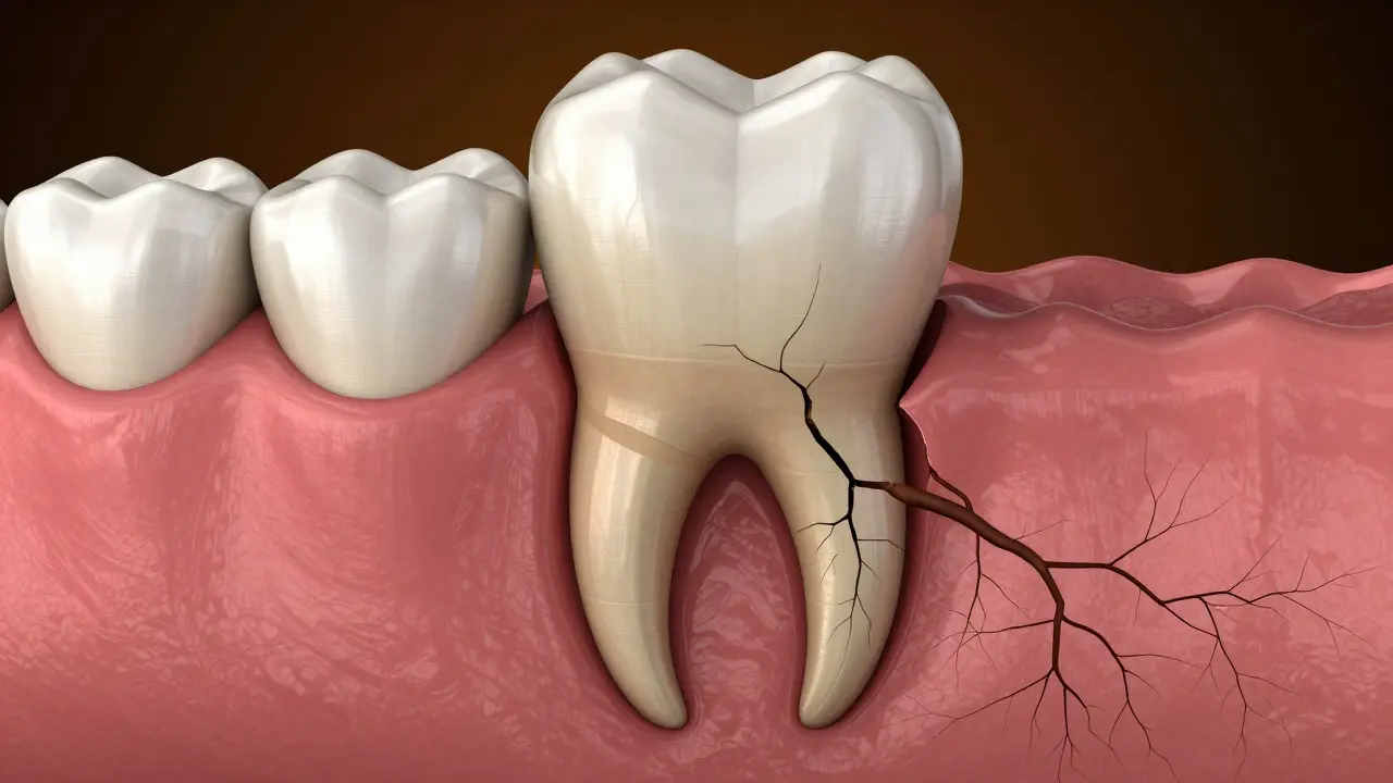 Konceptuální obraz zubního kořene s rozpadající se kostí a recedujícími dásněmi.