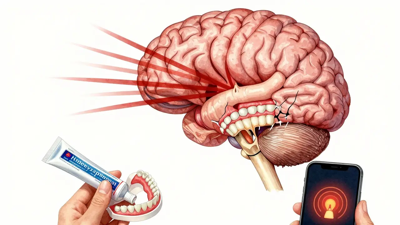 Křížový řez zubu spojený s mozkem, kde stres způsobuje poškození skloviny, vedle jsou past a zubní štít.