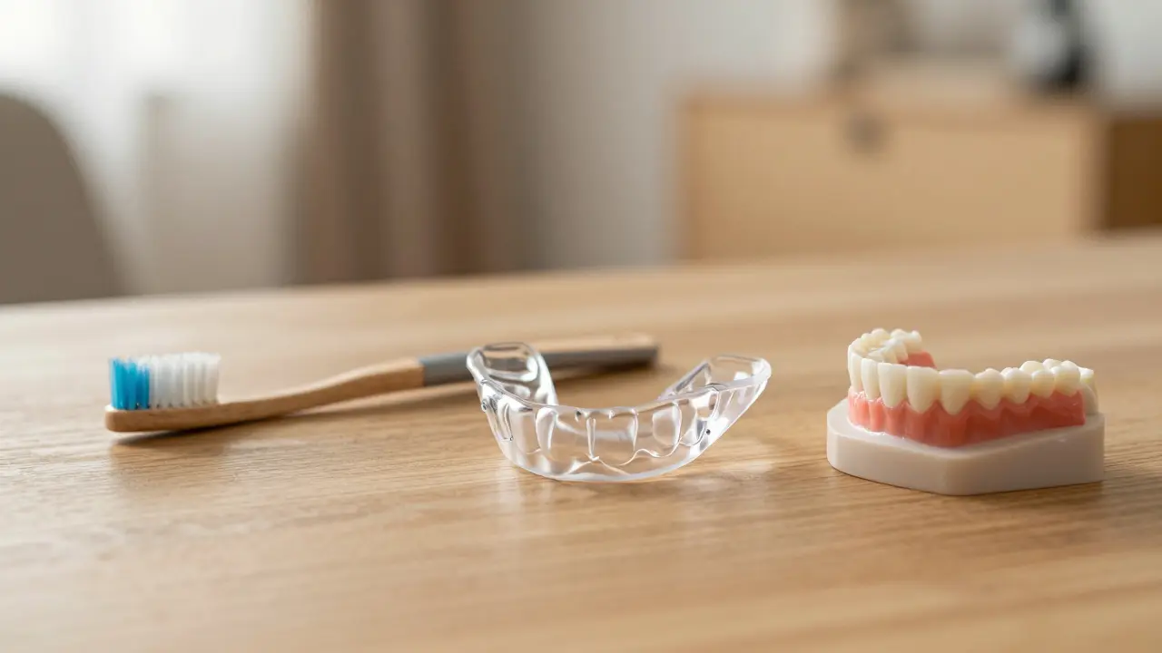 Nocní chranička a zubní protéza na stole