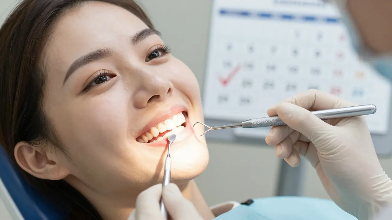 Pacient se usmívá po očištění zubů, zuby jsou čisté a lesklé, dentista drží polovací nástroj.