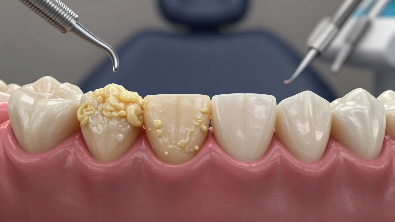 Porovnání zubů s kamenem a po profesionálním čištění s zdravými dásněmi.