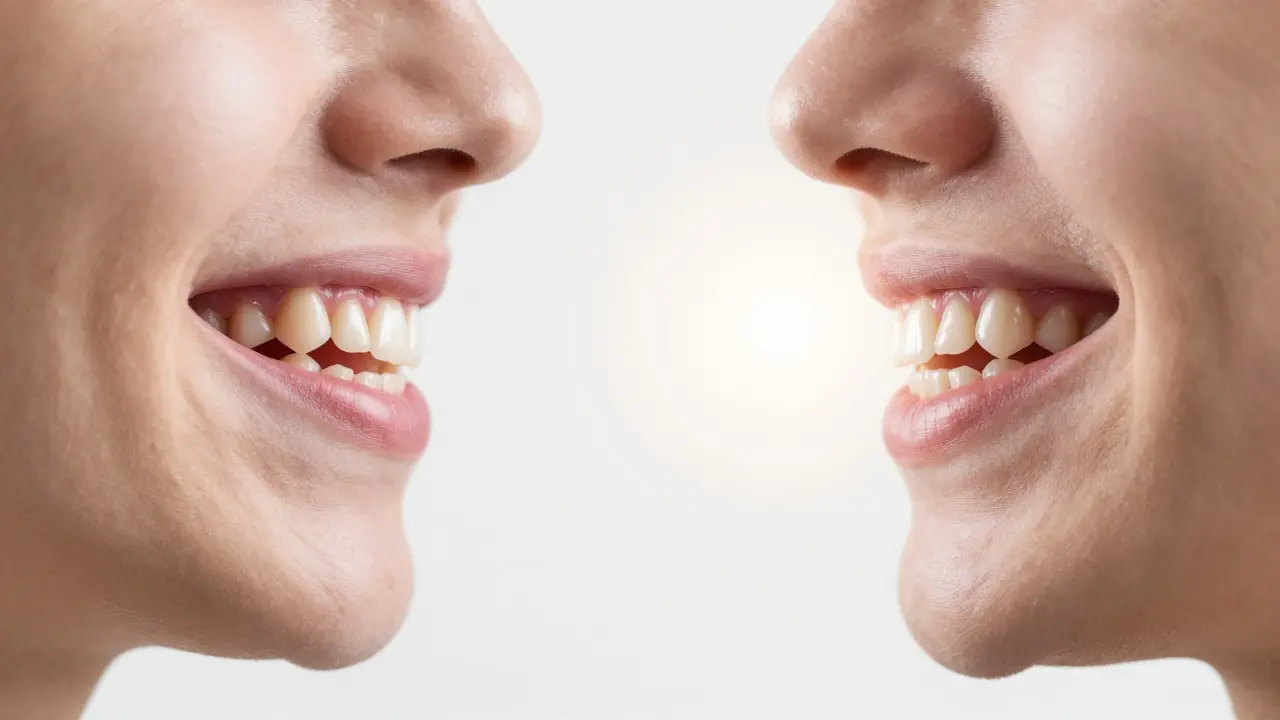 Přechod od poškozených zubů k zdravému úsměvu po léčbě.