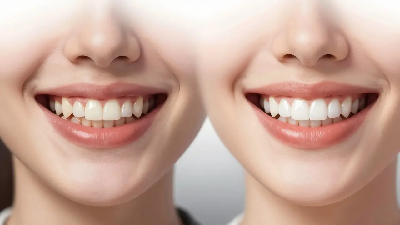 Před a po: zuby s mezery a zbarvení vs. rovnoměrné, bílé zuby s fazetami.