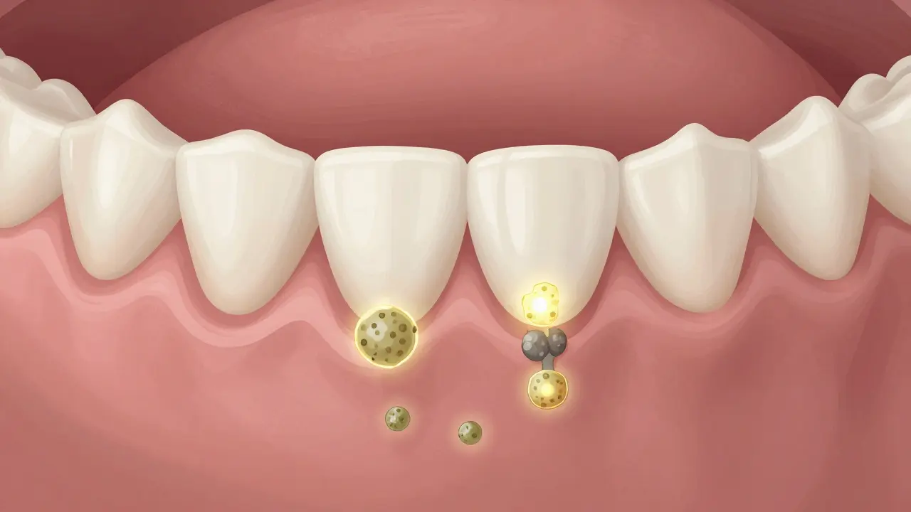 Přehled struktury dásně s ukrytým zubním kamenem pod povrchem.