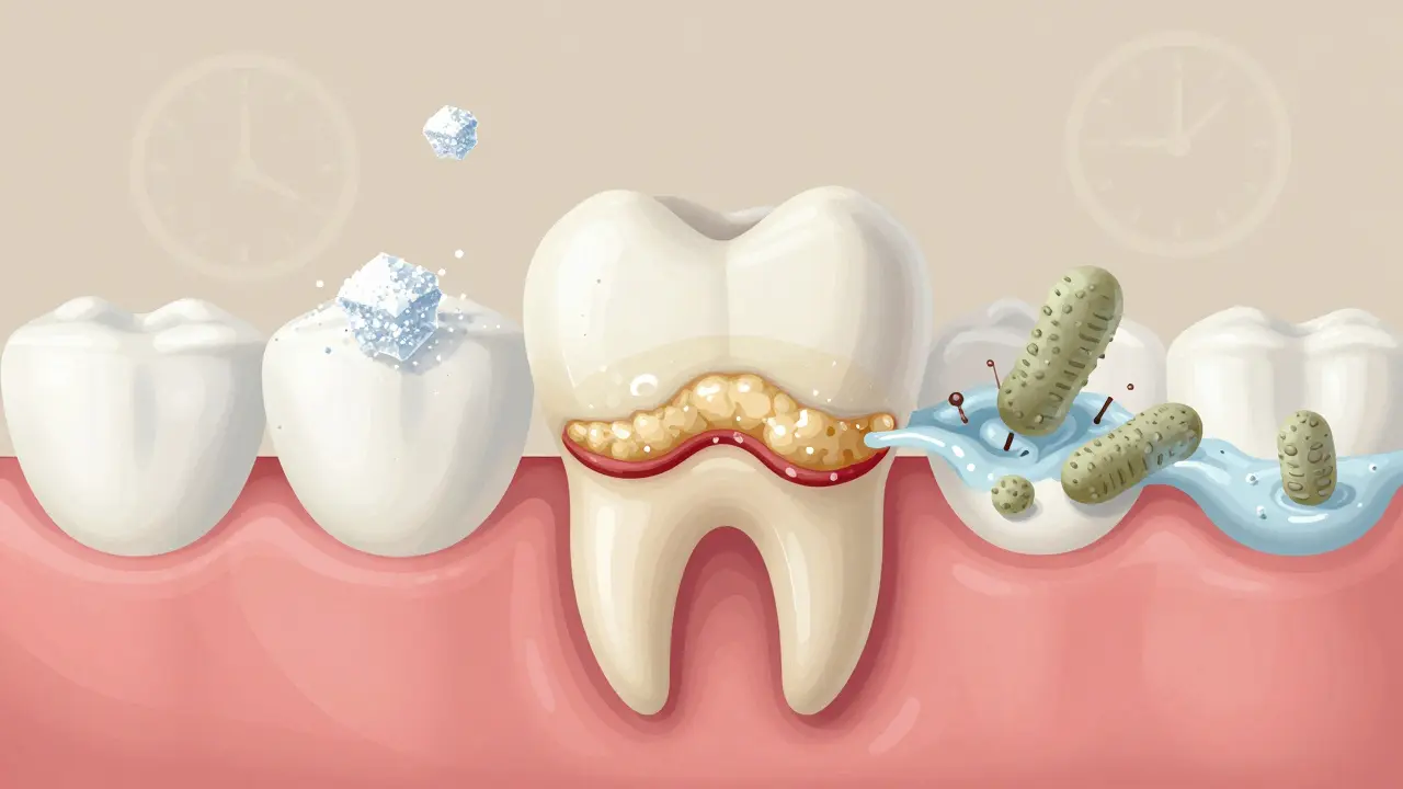 Přehled zubního kamene vznikajícího z plaku, bakterií a minerálů ve slinách.