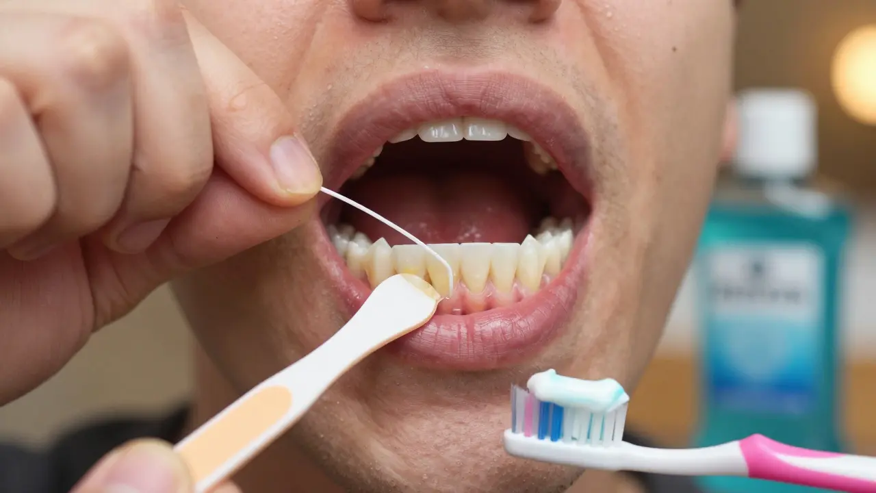 Přesný pohled na čištění mezizubních prostorů zubní nití a používání jazykové štětice.