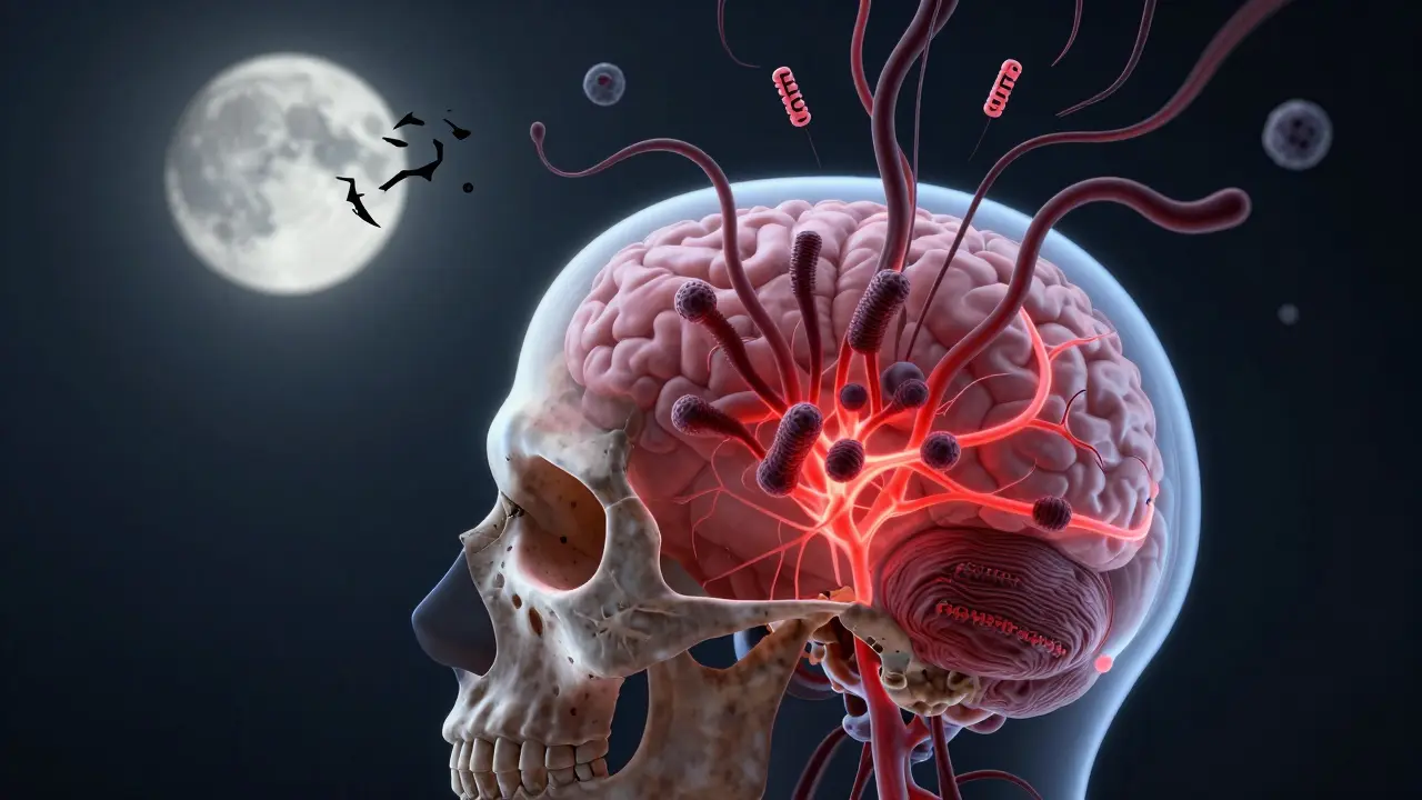 Přesvědčivá ilustrace lebky s upravenými dásněmi a zánětlivými látkami ovlivňujícími mozek.