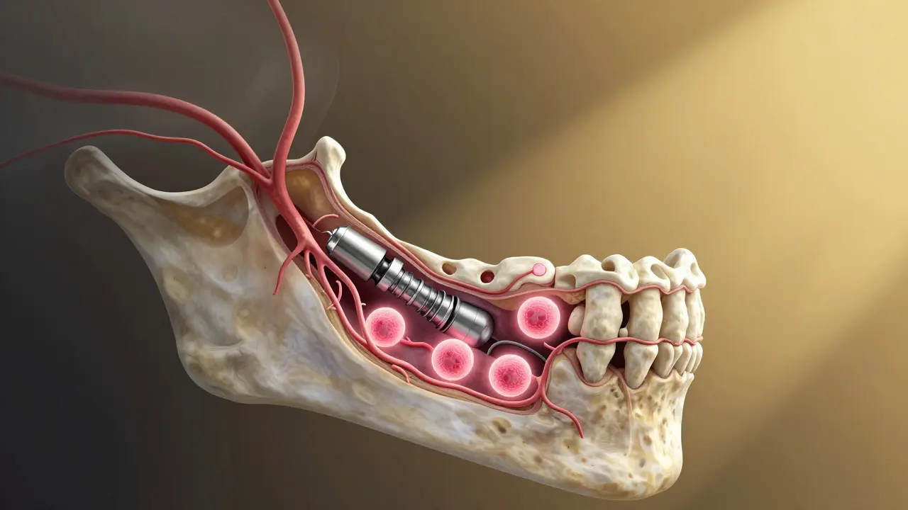 Příčný řez čelistí s implantátem a regenerující kostí, symbolizující obnovu po nemoci.