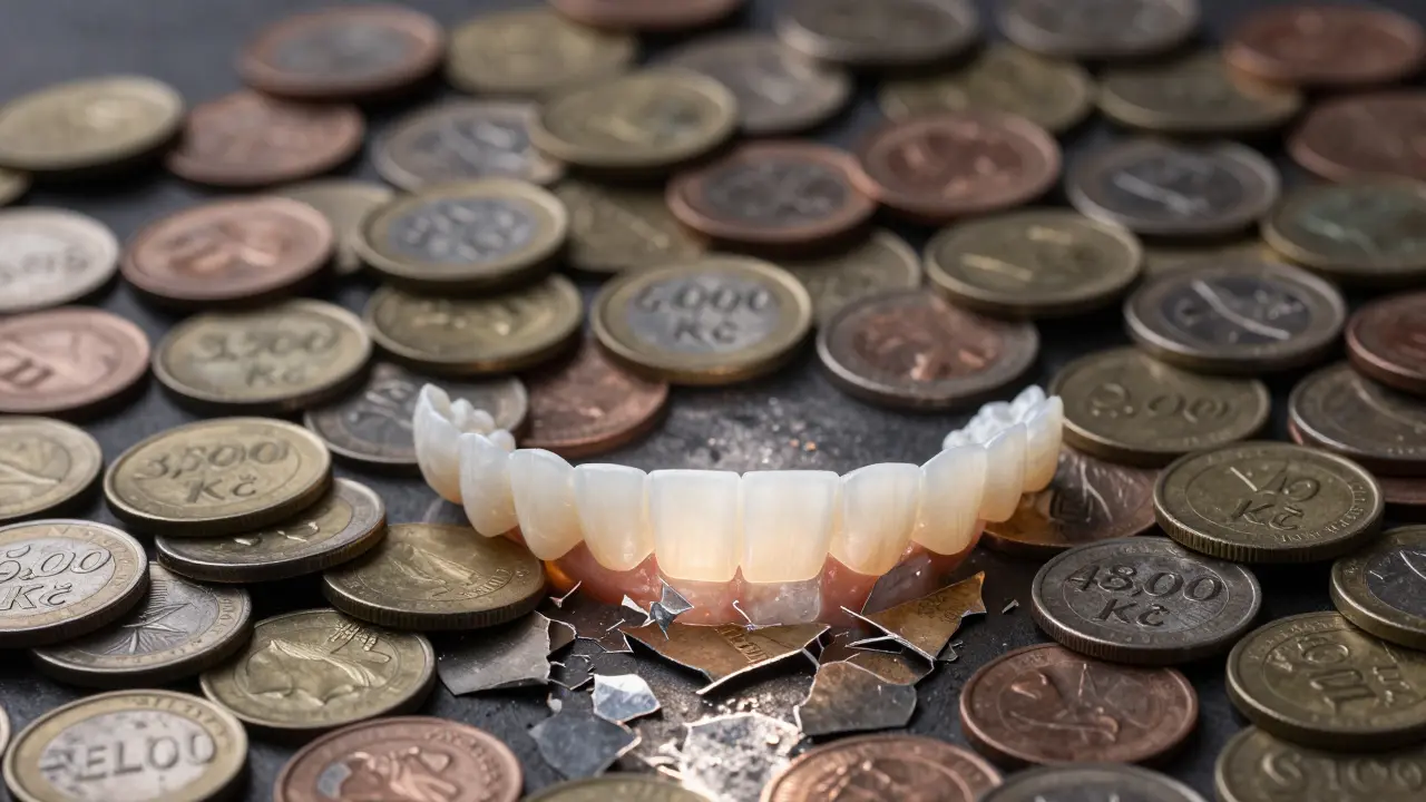 Smiling face made of composite veneers rising above labeled price piles, symbolizing value of quality dental work.
