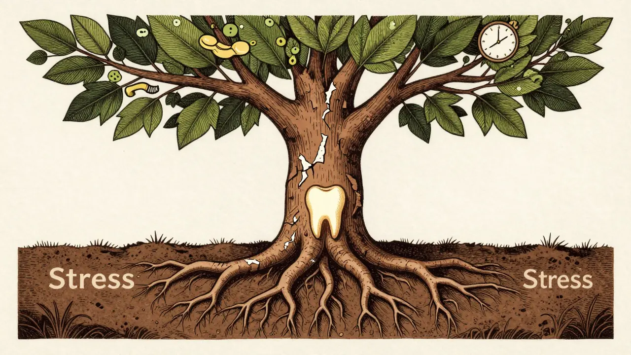 Strom s kořeny tvaru zubů, kde se sklovina opotřebovává, ale kvetou alternativy jako dýchání a žvýkačka.