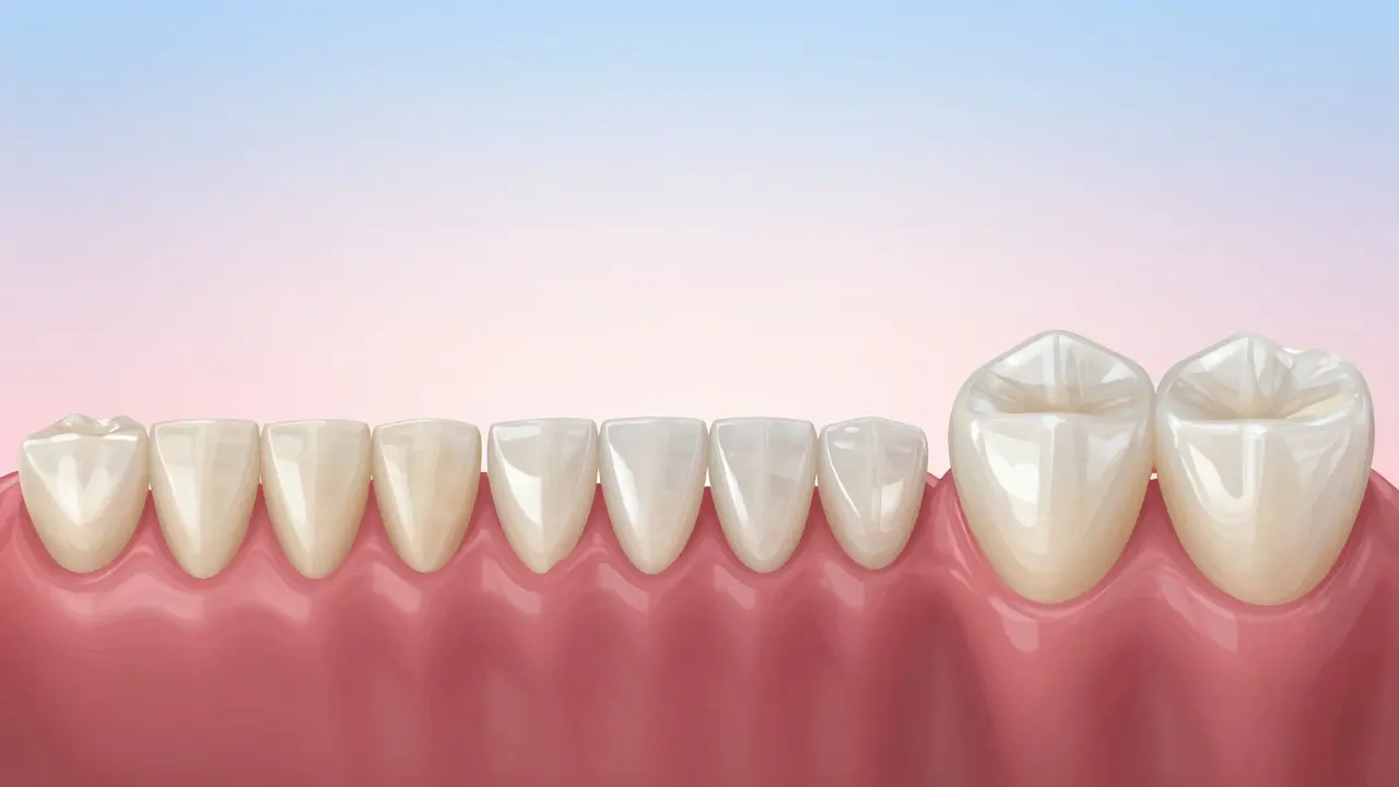 Three composite veneers side by side showing differences in quality: cracked and yellowed, slightly dull, and naturally glossy.