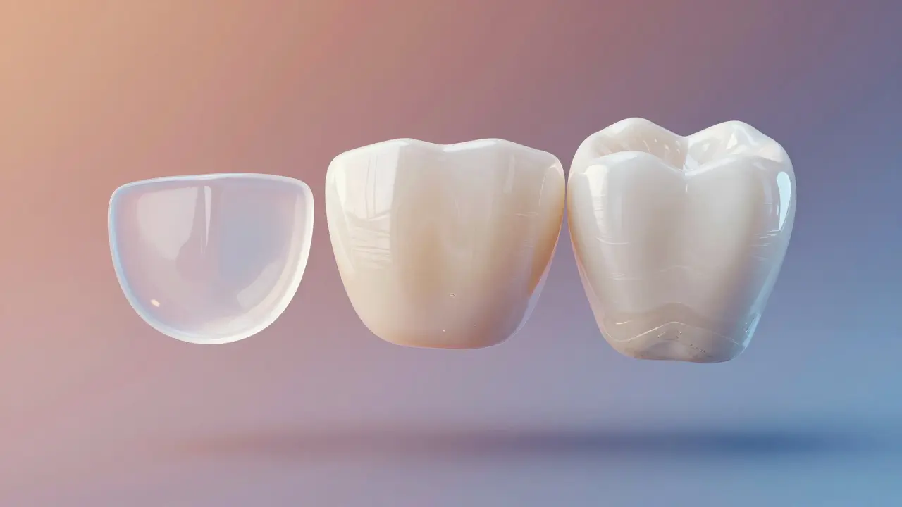 Tři keramické fazety s různou tloušťkou a tvarem plavají nad přechodem od kůže k zubní sklovině.