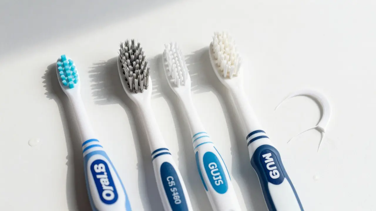 Tři typy mezizubních kartáčků vedle sebe: nylonové, kovové a ohnuté rukojeti.