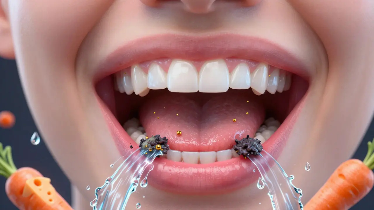 Umělecké znázornění zdravého ústního prostředí s čistými zuby, dásněmi a příznivými bakteriemi.