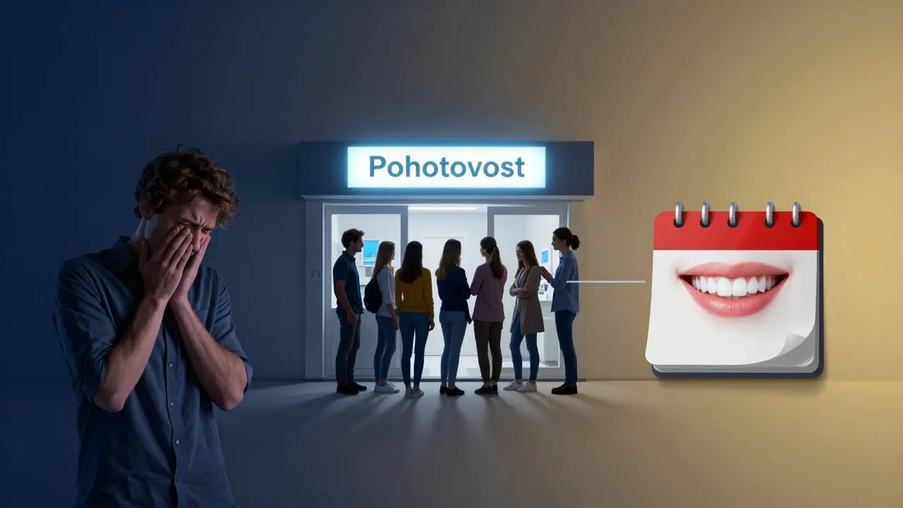 Vizualizace cesty od zubní bolesti přes nouzovou péči k návštěvě běžného zubního lékaře.