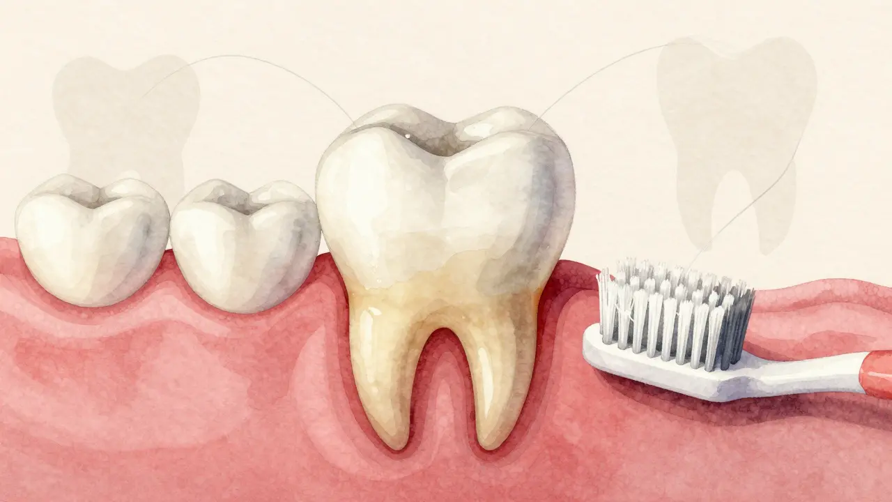 Vodová barva ilustrující postupné stahování dásní kolem zubu.