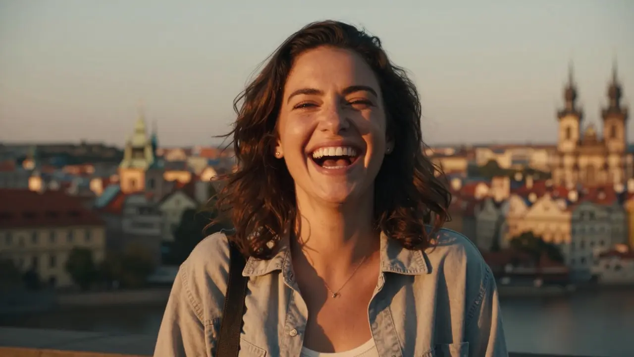 Woman laughing at sunset with a radiant, transformed smile.