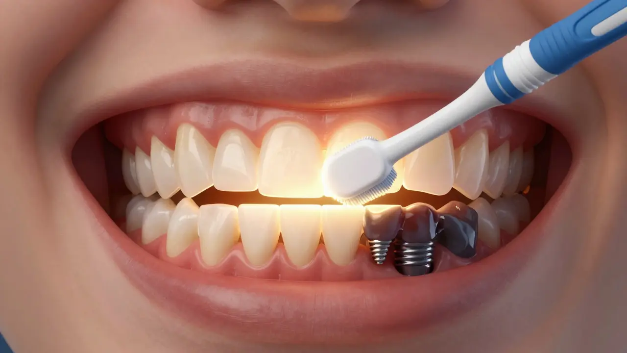 Zdravé mezizubní prostory svítí zlatou světlostí, zatímco plak je temný a zanedbaný.