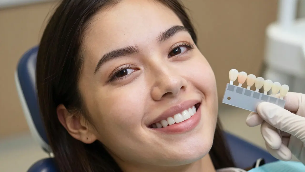 Žena se širokým úsměvem, její nové keramické fazety odrazují světlo přirozeně.