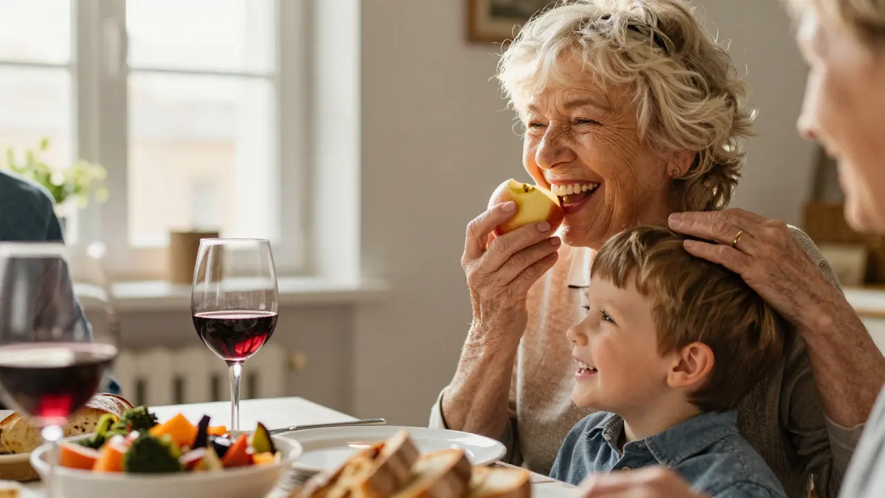 Žena se směje během večeře s rodinou, když kousne do jablka s přirozenými zuby.