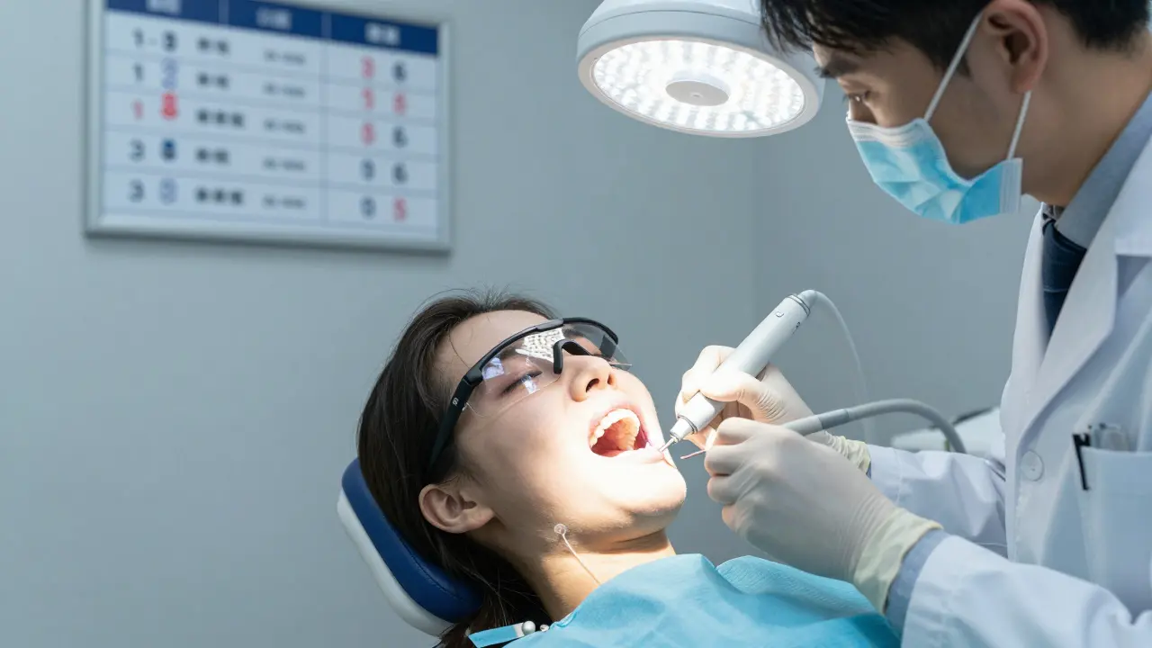 Zubní lékař aplikuje profesionální bělení pomocí světelného zařízení v klinice.