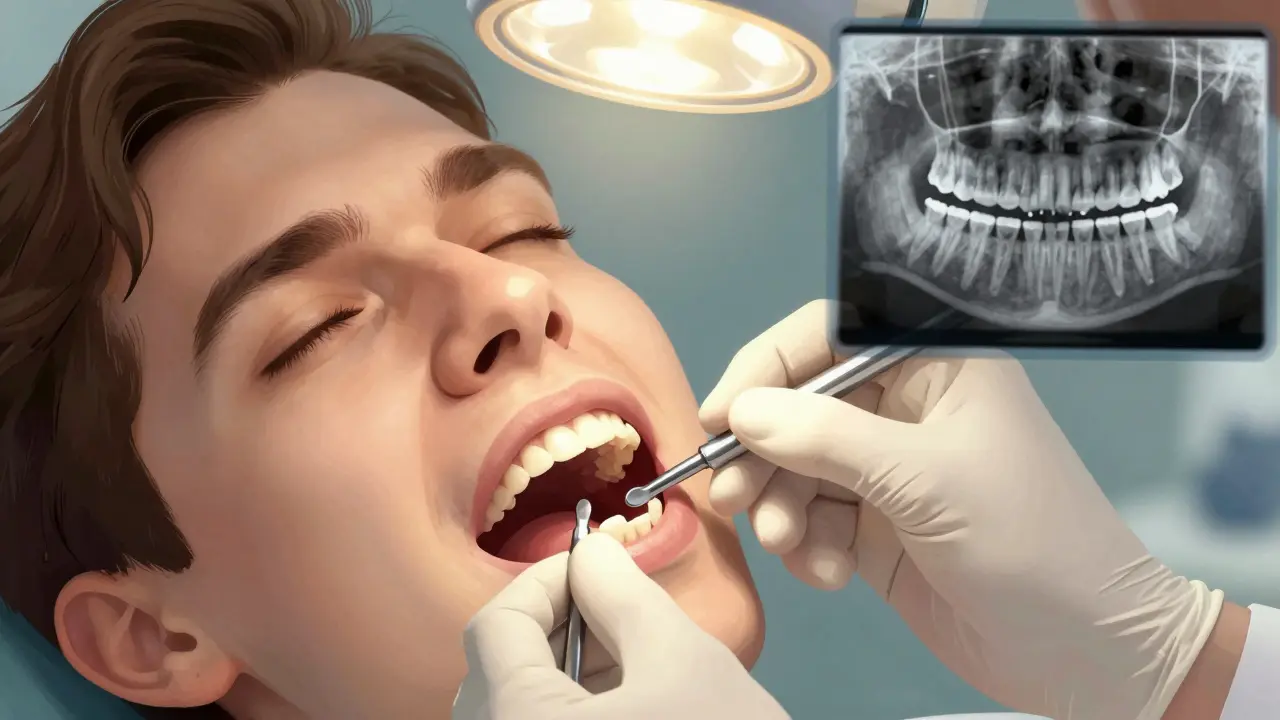 Zubní lékař opatrně znovu nasazuje vysunutý zub do čelisti a zpevňuje ho dočasným záplatováním.