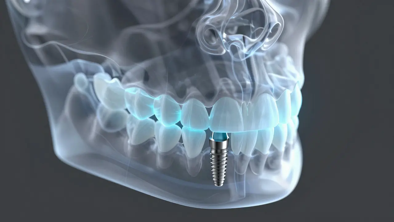 3D holografický model čelisti s detailem zubního implantátu v kosti.