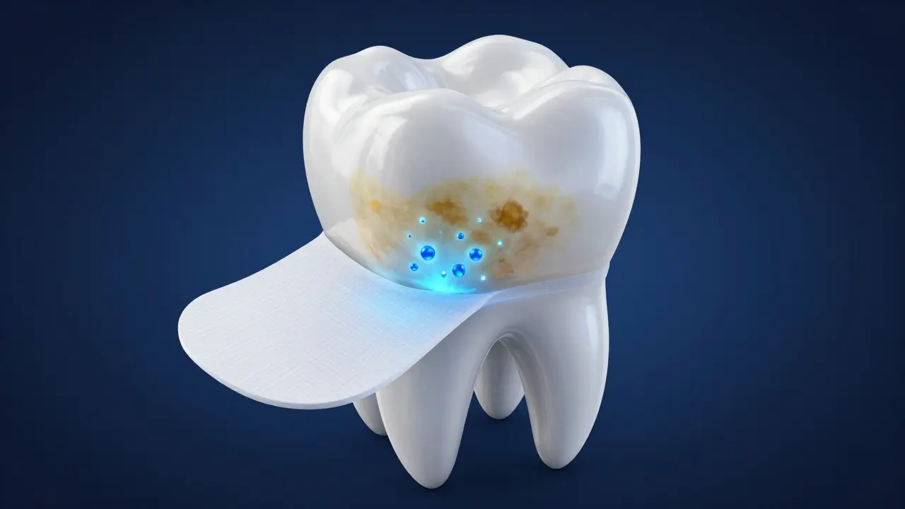 3D ilustrace procesu bělení zubů pomocí peroxidu vodíku