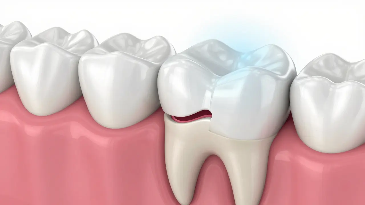 3D ilustrace průřezu zubaře a korunky znázornující citlivost odhaleného zubu.
