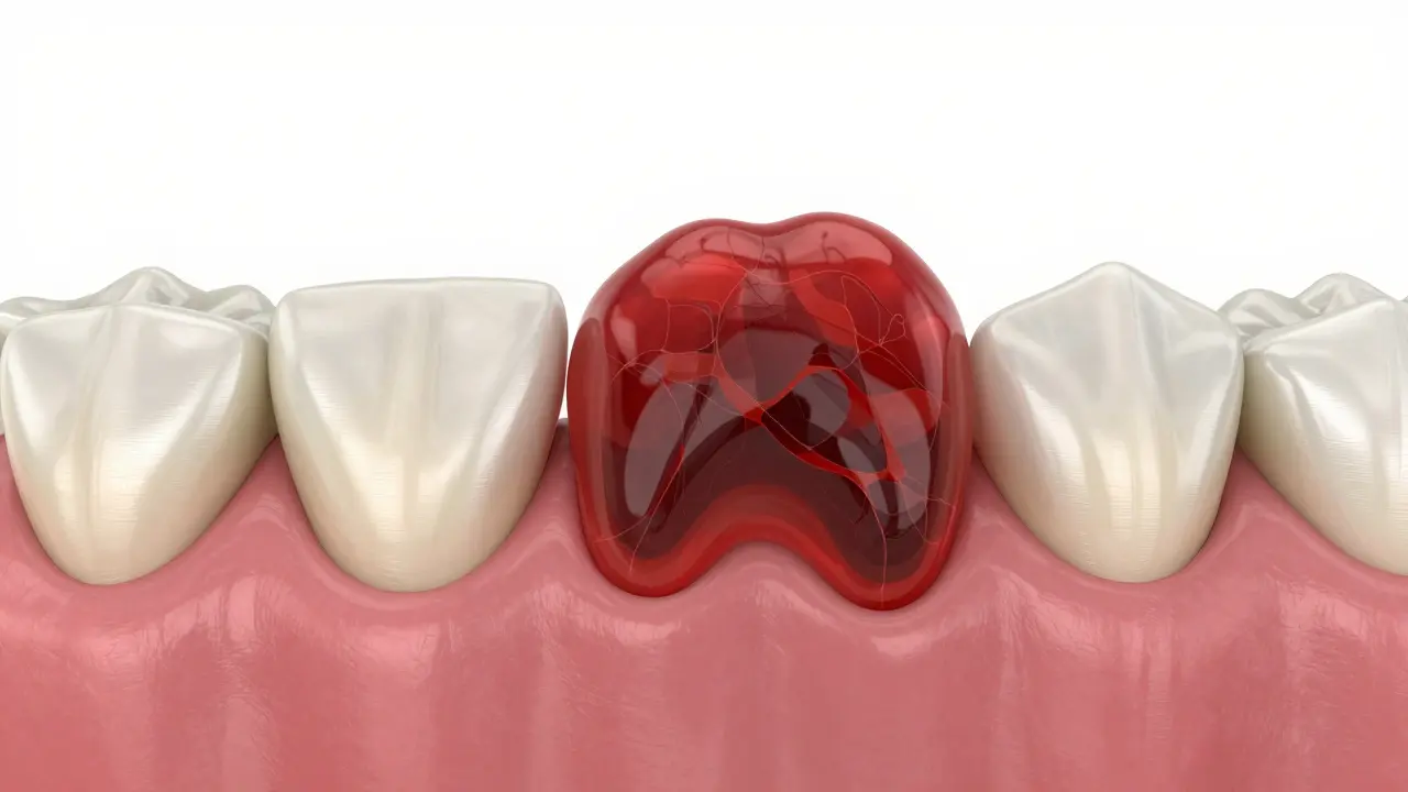 3D vizualizace sraženiny krve v dásňovém soketu jako ochranná zátka.