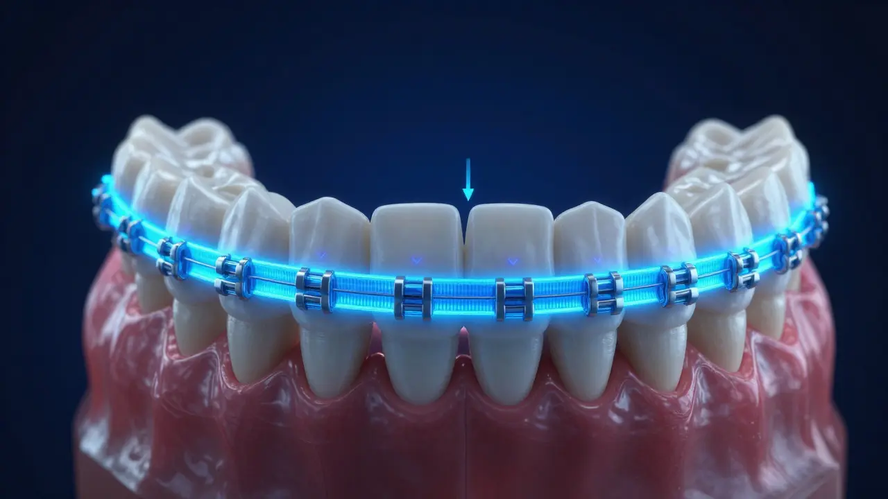 3D vizualizace tahu elastické gumičky na modelu čelistí s rovnátky.