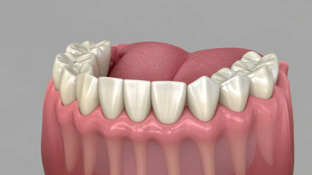 Anatomický model lidské čelisti s různými typy zubů od řezáků po moláry.