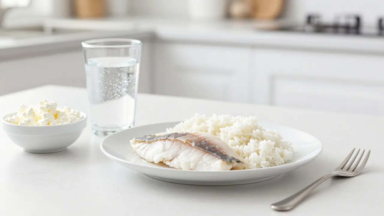 Bílá dieta s rýží, rybou a vodou na světlém minimalistickém stole.