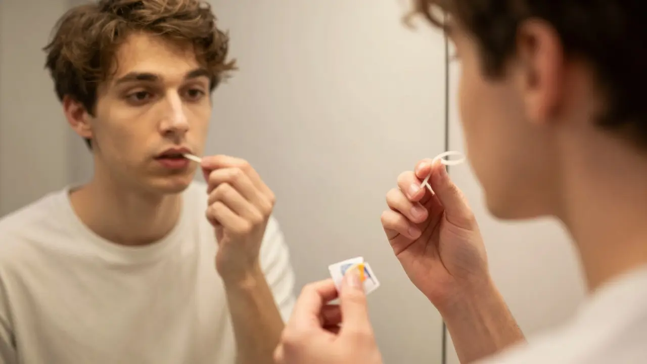 Člověk si před zrcadlem v koupelně mění gumičky na rovnátkách.