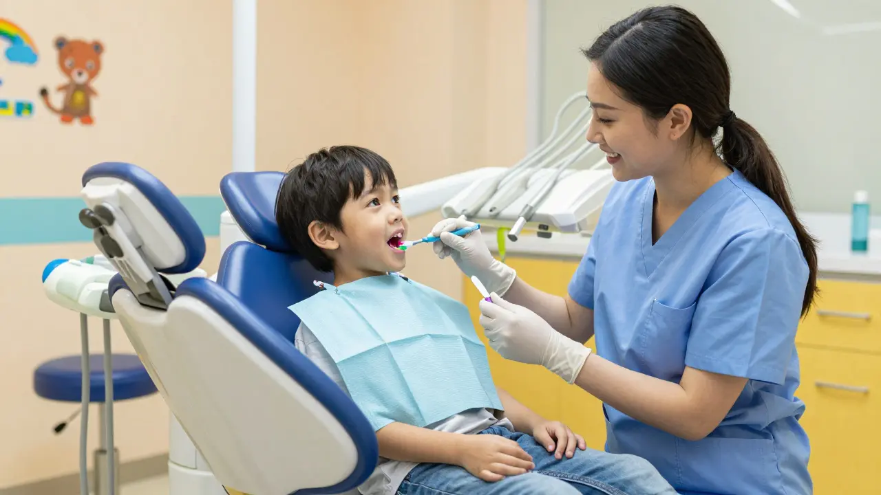 Dentální hygienik ukazuje dítěti pomocí detekční pasty, kde musí zuby lépe čistit.