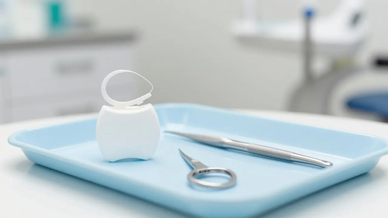 Dentální nit a mezizubní kartáček na sterilním modrém podnosu