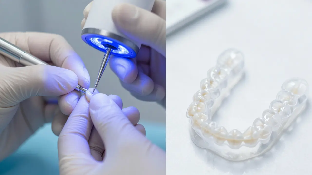 Detail aplikace kompozitního bondingu a průhledných alignerů na bílém povrchu.