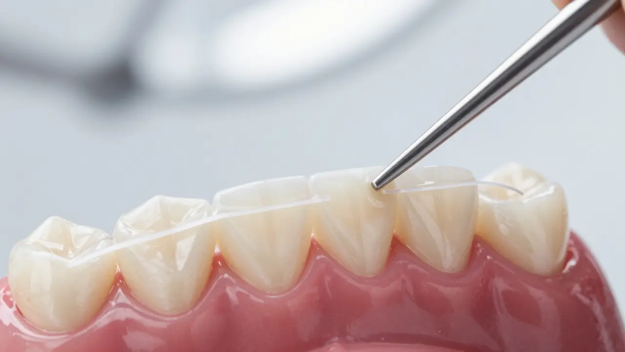 Detail procesu šinování zubů pomocí sklovláknitého pásku a kompozitu.