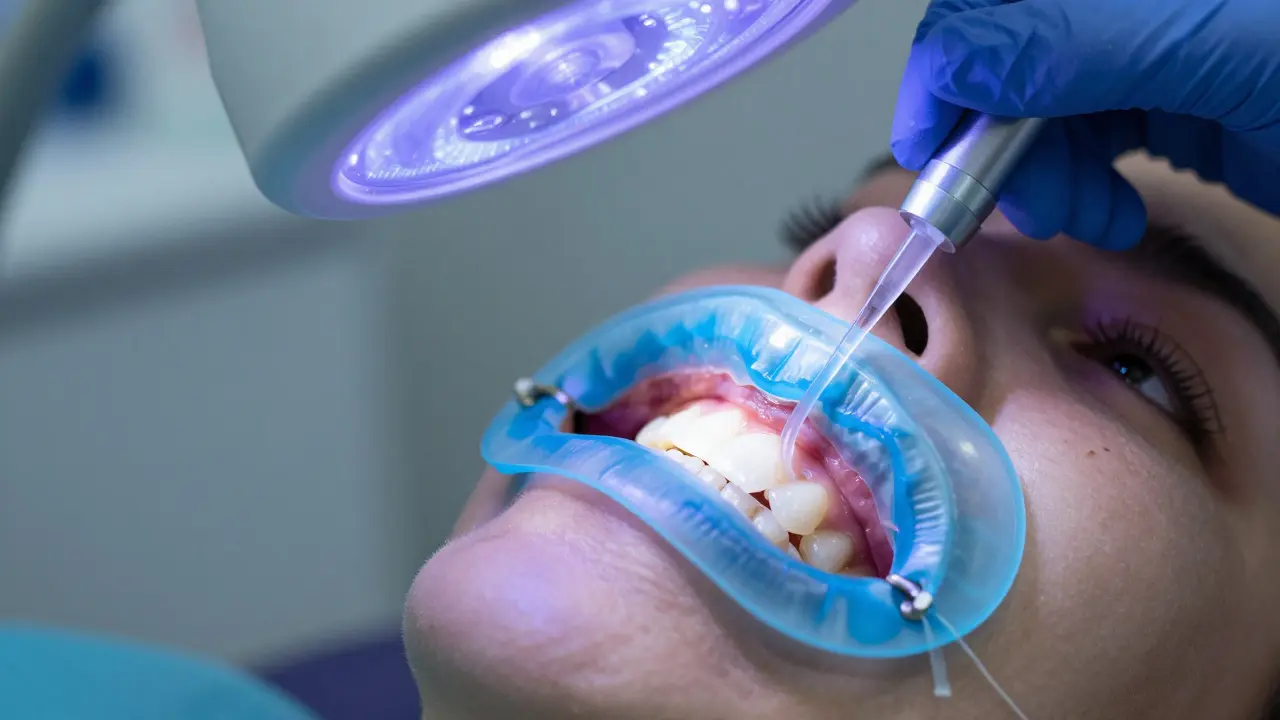 Detail profesionálního bělení zubů v klinice s ochranným bariérem na dásních.