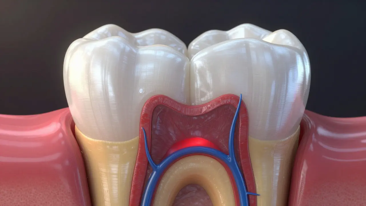 Detailní průřez zubu ukazující sklovinu, dentin a vnitřní pulpu s nervy.