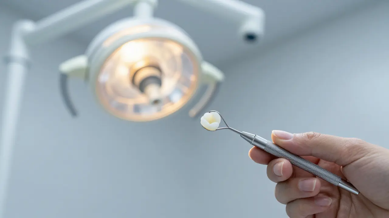 Detailní záběr na aplikaci dentálního cementu na zub v moderní stomatologické ordinaci.