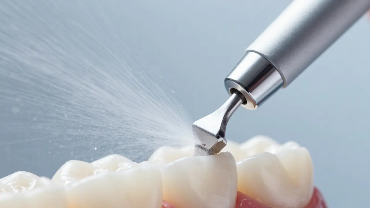 Detailní záběr na pískování zubů s jemnou proudovou mlhou vody a prášku.