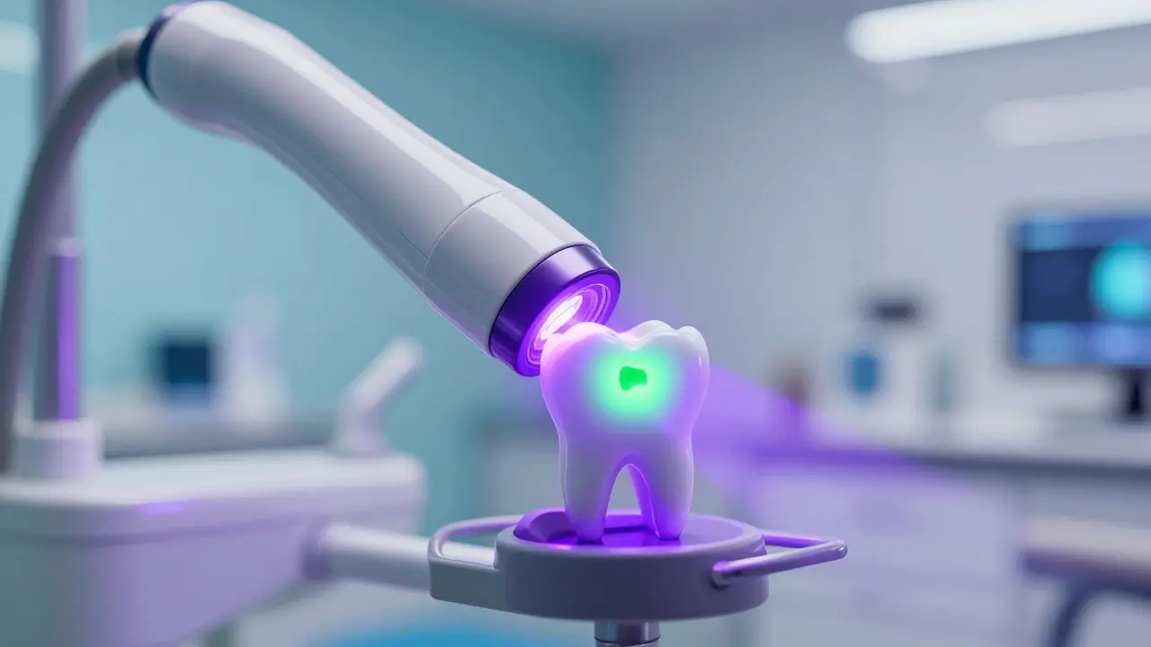 Detekce kazu pomocí laserové fluorescence s neonovým podsvícením zubu.