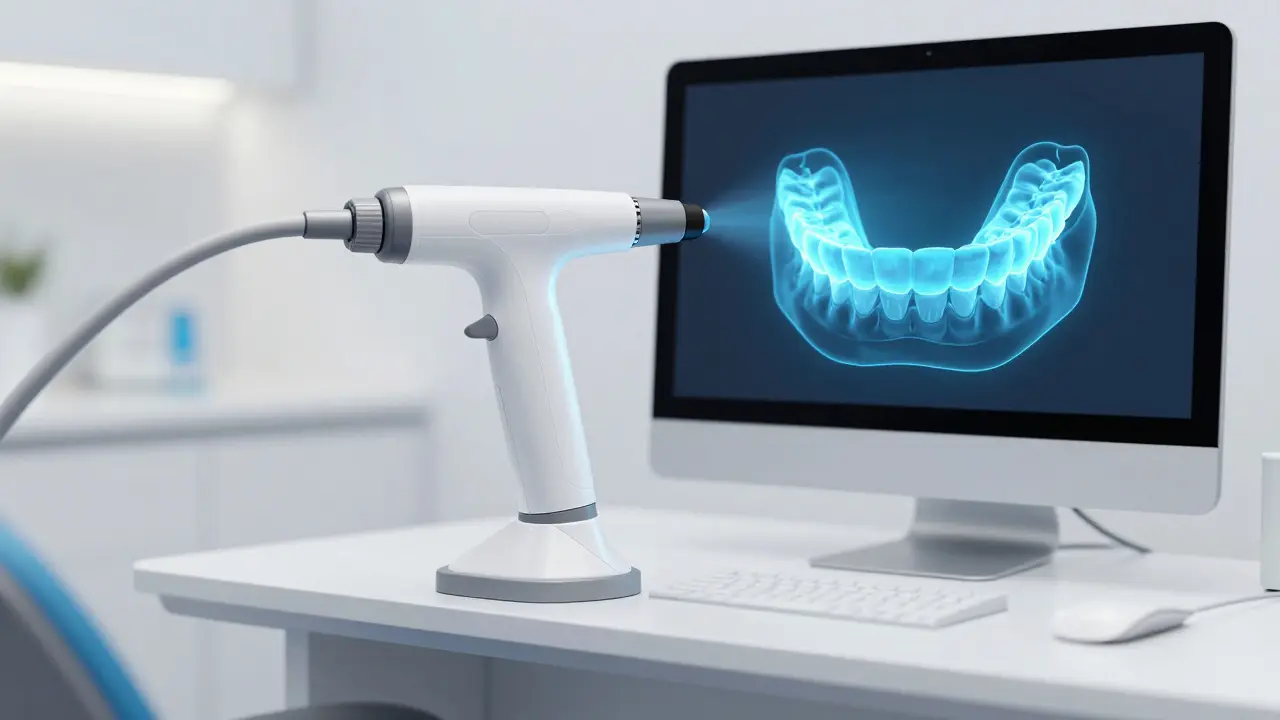 Digitální intraorální skener vytvářející 3D model zubů v moderní ordinaci.
