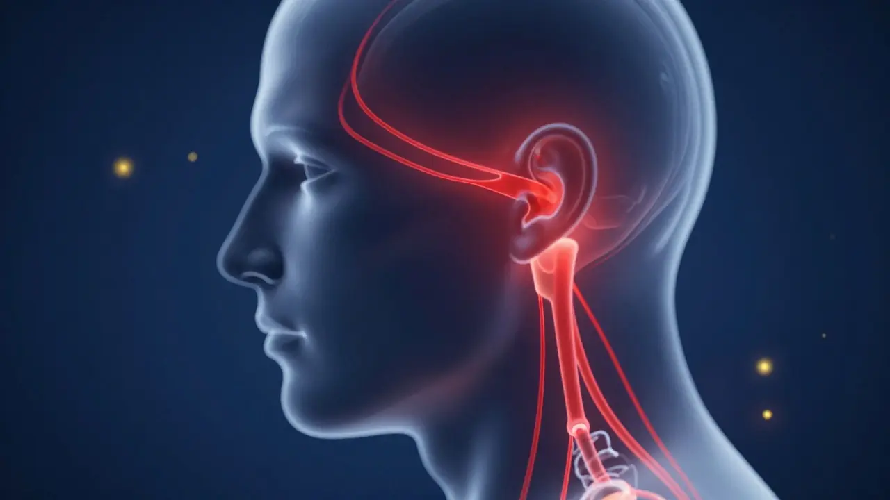 Ilustrace bolesti hlavy a napětí v čelisti u osoby s nesprávným stykem zubů.