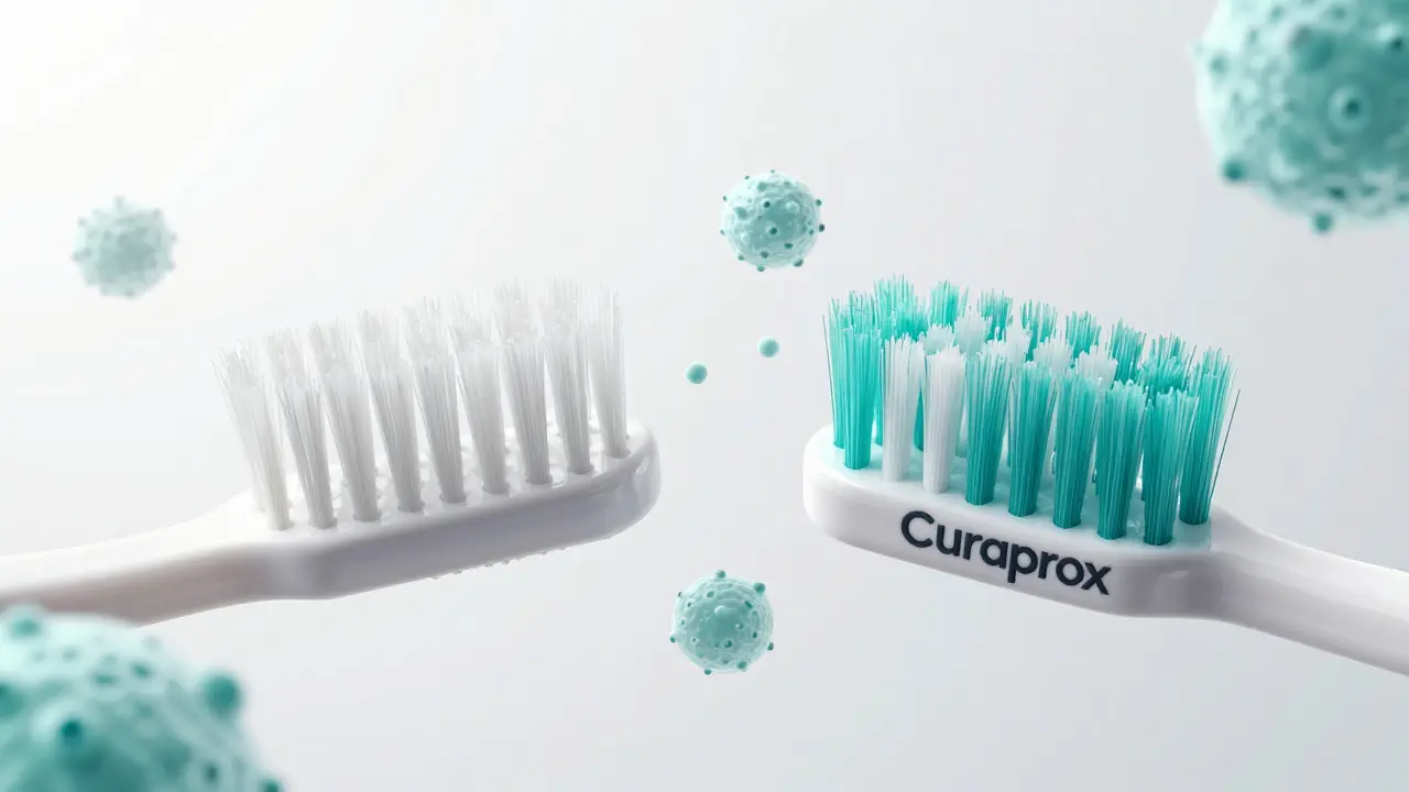 Konceptuální srovnání hustoty vláken standardního a Curaprox kartáčku.