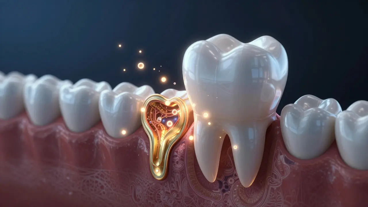 Konceptuální znázornění bioaktivní keramiky uvolňující ionty pro regeneraci tkání.