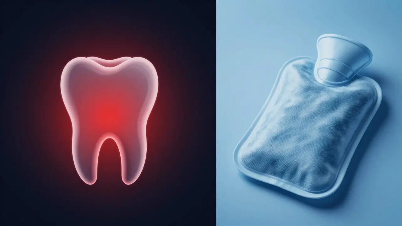 Konceptuální zobrazení zubní bolesti a úlevy pomocí chladového obkladu.