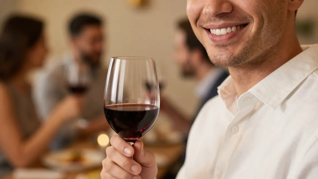 Krásně znejasněný úsměv osoby s pohárem červeného vína v příjemném prostředí.