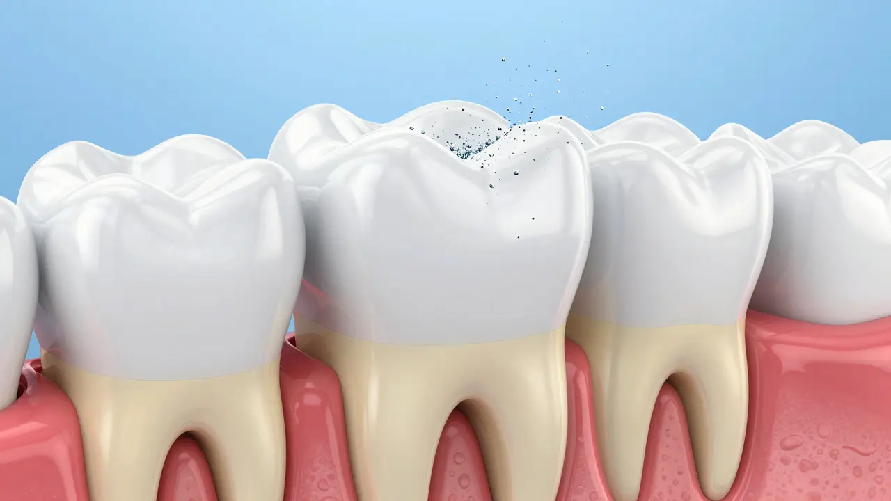 Kresba průřezu zubu znázornující rozdíl mezi bílou sklovinou a žlutým dentinem.